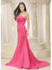 Prom Dress Rose Pink A-line and Bowknot For Ruched Bodice Custom Made Satin