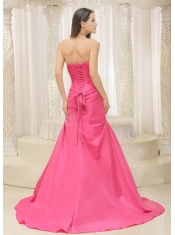 Prom Dress Rose Pink A-line and Bowknot For Ruched Bodice Custom Made Satin
