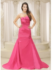 Prom Dress Rose Pink A-line and Bowknot For Ruched Bodice Custom Made Satin