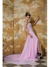 Prom Dress Rose Pink Empire Sweetheart Brush Train Chiffon Beading
