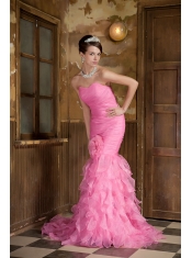 Prom Dress Rose Pink Mermaid Sweetheart Brush Train Organza Hand Made Flower and Ruffles
