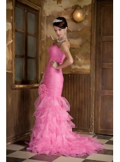 Prom Dress Rose Pink Mermaid Sweetheart Brush Train Organza Hand Made Flower and Ruffles