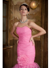 Prom Dress Rose Pink Mermaid Sweetheart Brush Train Organza Hand Made Flower and Ruffles