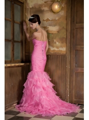 Prom Dress Rose Pink Mermaid Sweetheart Brush Train Organza Hand Made Flower and Ruffles