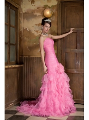 Prom Dress Rose Pink Mermaid Sweetheart Brush Train Organza Hand Made Flower and Ruffles