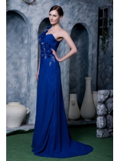 Prom Dress Royal Blue Column One Shoulder Brush Train Hand Made Flower and Beading Chiffon