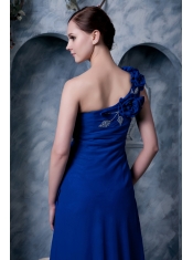 Prom Dress Royal Blue Column One Shoulder Brush Train Hand Made Flower and Beading Chiffon