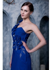Prom Dress Royal Blue Column One Shoulder Brush Train Hand Made Flower and Beading Chiffon