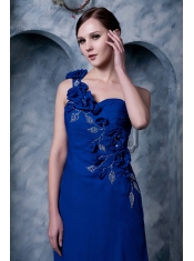 Prom Dress Royal Blue Column One Shoulder Brush Train Hand Made Flower and Beading Chiffon