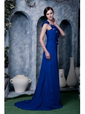 Prom Dress Royal Blue Column One Shoulder Brush Train Hand Made Flower and Beading Chiffon