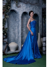 Prom Dress Royal Blue Column Strapless Watteau Train Silk Like Satin Appliques With Beading