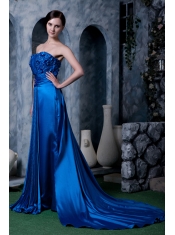 Prom Dress Royal Blue Column Strapless Watteau Train Silk Like Satin Appliques With Beading
