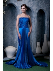 Prom Dress Royal Blue Column Strapless Watteau Train Silk Like Satin Appliques With Beading