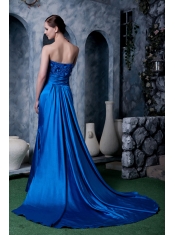 Prom Dress Royal Blue Column Strapless Watteau Train Silk Like Satin Appliques With Beading