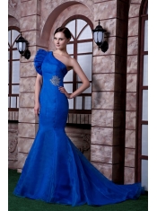 Prom Dress Royal Blue Mermaid One Shoulder Brush Train Beading Satin and Organza Beading