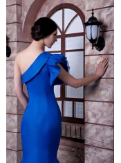 Prom Dress Royal Blue Mermaid One Shoulder Brush Train Beading Satin and Organza Beading