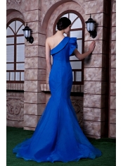 Prom Dress Royal Blue Mermaid One Shoulder Brush Train Beading Satin and Organza Beading