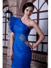Prom Dress Royal Blue Mermaid One Shoulder Brush Train Beading Satin and Organza Beading