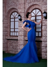 Prom Dress Royal Blue Mermaid One Shoulder Brush Train Beading Satin and Organza Beading