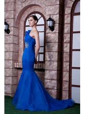 Prom Dress Royal Blue Mermaid One Shoulder Brush Train Beading Satin and Organza Beading
