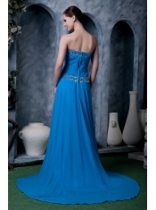 Prom Dress Sky Blue Empire Sweetheart Brush Train Chiffon Beading