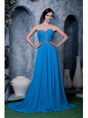 Prom Dress Sky Blue Empire Sweetheart Brush Train Chiffon Beading