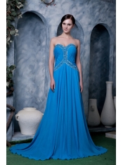 Prom Dress Sky Blue Empire Sweetheart Brush Train Chiffon Beading