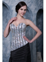 Prom Dress Sliver and Black A-line Sweetheart Brush Train Elastic Woven Satin Beading