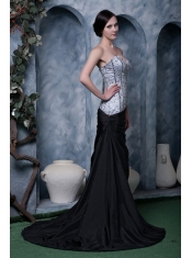 Prom Dress Sliver and Black A-line Sweetheart Brush Train Elastic Woven Satin Beading