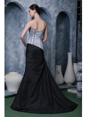 Prom Dress Sliver and Black A-line Sweetheart Brush Train Elastic Woven Satin Beading