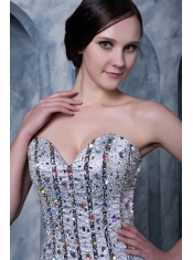 Prom Dress Sliver and Black A-line Sweetheart Brush Train Elastic Woven Satin Beading