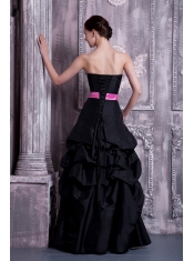 Prom Dress Strapless Black A-line Floor-legnth Taffeta Sash and Pick-ups