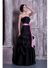 Prom Dress Strapless Black A-line Floor-legnth Taffeta Sash and Pick-ups