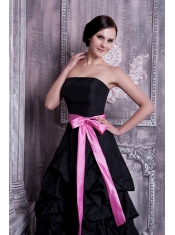 Prom Dress Strapless Black A-line Floor-legnth Taffeta Sash and Pick-ups