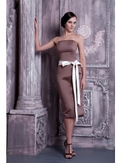 Prom Dress Strapless Brown Column Tea-length Satin Sash