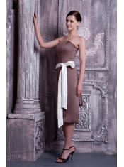 Prom Dress Strapless Brown Column Tea-length Satin Sash