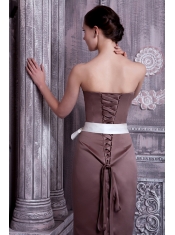 Prom Dress Strapless Brown Column Tea-length Satin Sash