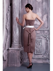 Prom Dress Strapless Brown Column Tea-length Satin Sash