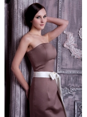 Prom Dress Strapless Brown Column Tea-length Satin Sash