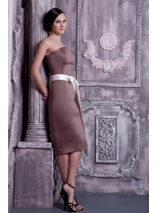 Prom Dress Strapless Brown Column Tea-length Satin Sash
