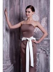 Prom Dress Strapless Brown Column Tea-length Satin Sash