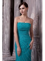 Prom Dress Strapless Teal Column Court Train Chiffon Beading