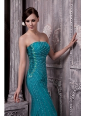 Prom Dress Strapless Teal Column Court Train Chiffon Beading