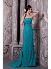 Prom Dress Strapless Teal Column Court Train Chiffon Beading