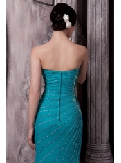 Prom Dress Strapless Teal Column Court Train Chiffon Beading