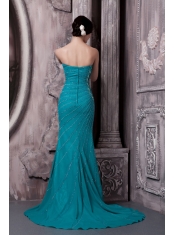 Prom Dress Strapless Teal Column Court Train Chiffon Beading