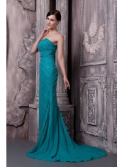 Prom Dress Strapless Teal Column Court Train Chiffon Beading
