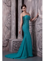 Prom Dress Strapless Teal Column Court Train Chiffon Beading