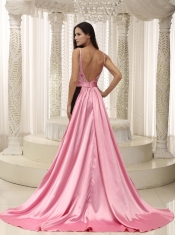 Prom Dress Straps Beaded Decorate Bust Ruch Chiffon and Elastin Woven Satin
