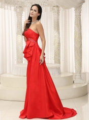 Prom Dress Sweetheart Red Ruched Bodice Brush Train Lace-up